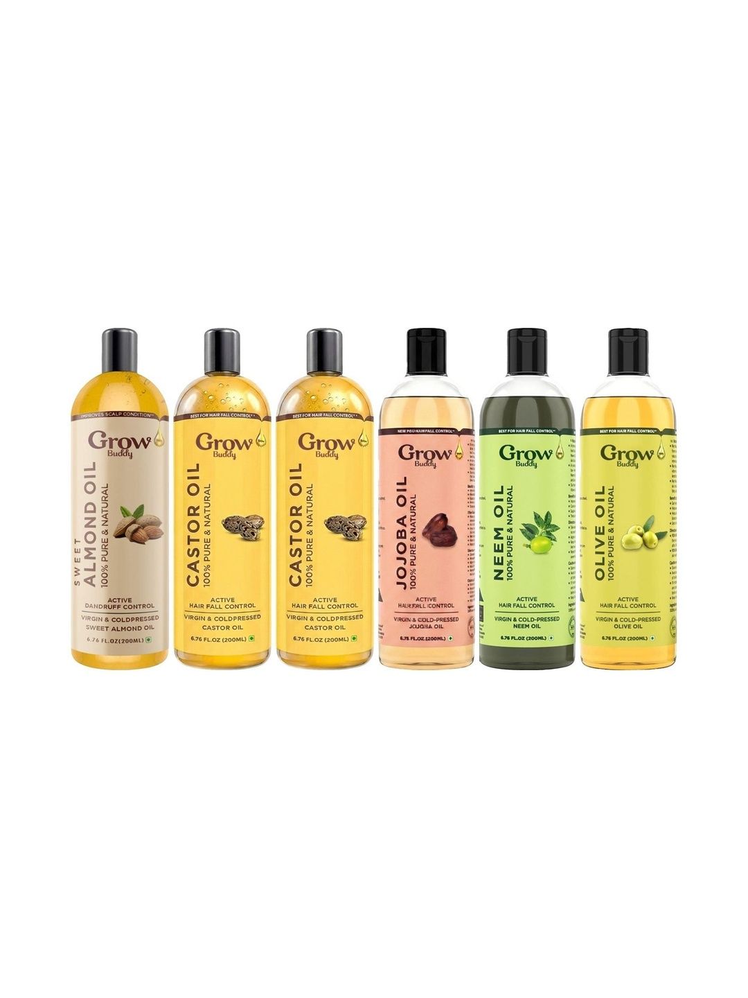 Growbuddy Set Of 6 Castor Oil Almond Oil Neem Oil Jojoba Oil & Olive Oil - 200 ml Each-image-23