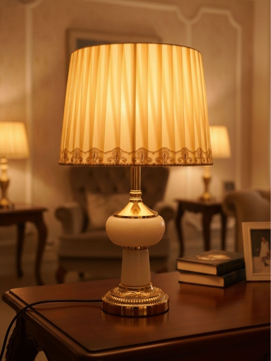 ELARE Beige Textured Metal Contemporary Frusturical Shaped Table Lamp with Bulb-image-36