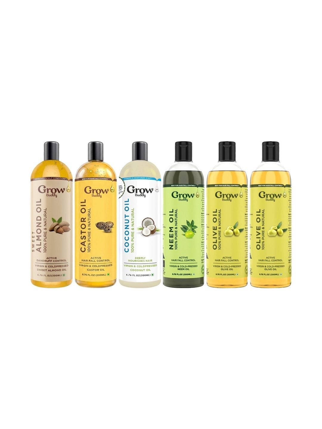 Growbuddy Set Of 6 Castor Oil Coconut Oil Neem Oil Almond Oil & Olive Oil - 200 ml Each-image-31