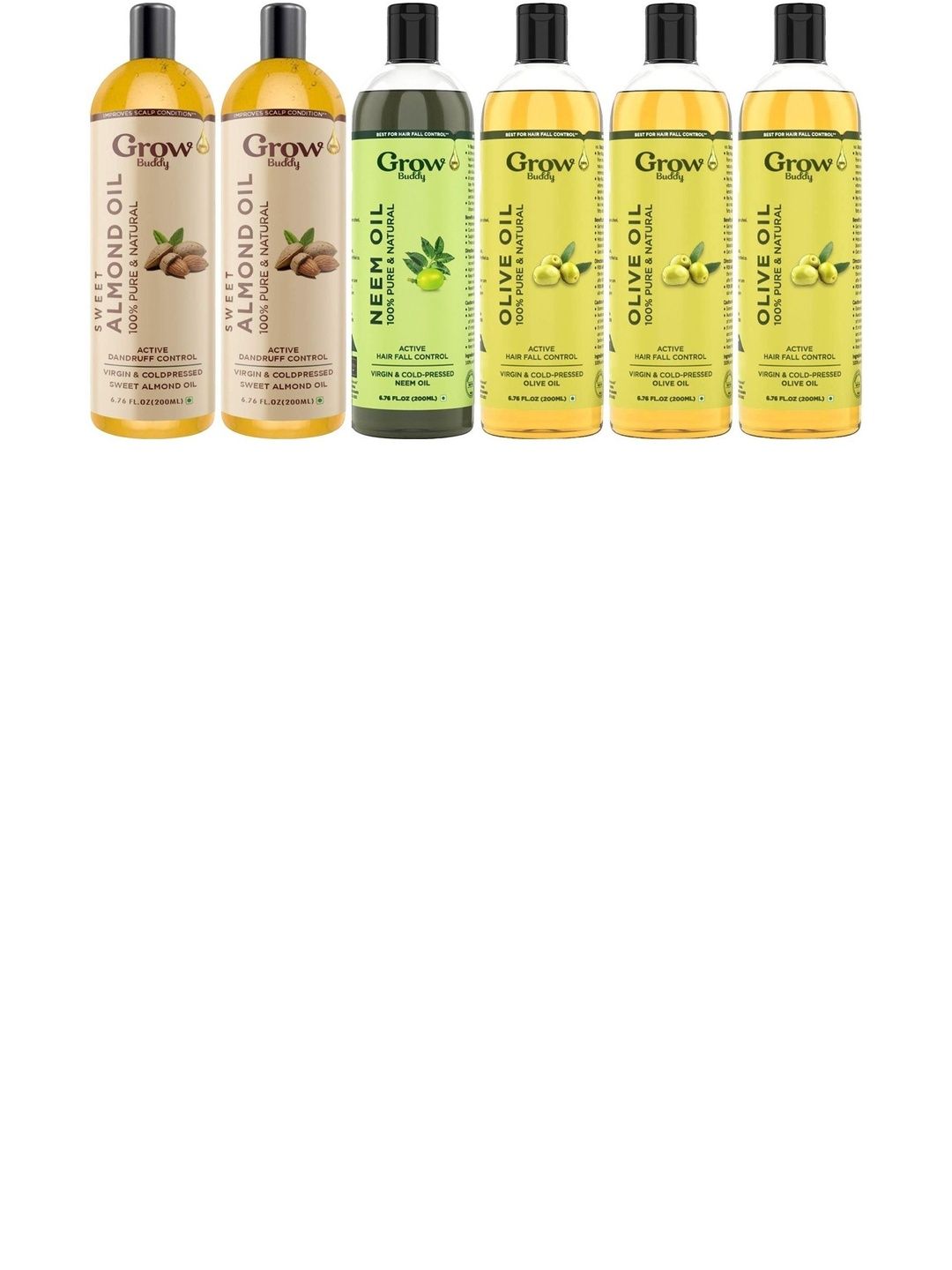Growbuddy Set Of 6 Virgin & Cold Pressed Almond, Neem & Olive Oils - 200 ml Each-image-25