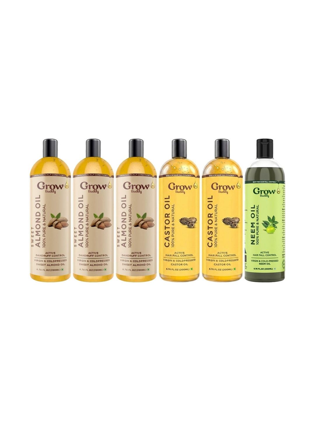 Growbuddy Set Of 6 Virgin & Cold Pressed Almond, Castor & Neem Hair Oils - 200ml Each-image-27