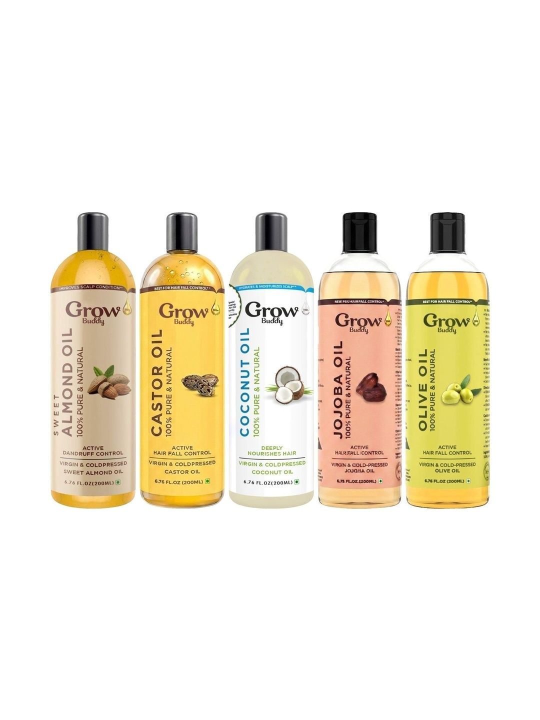 Growbuddy Set Of 5 Castor Oil Coconut Oil, Almond Oil, Jojoba Oil & Olive Oil - 200ml Each-picture-36