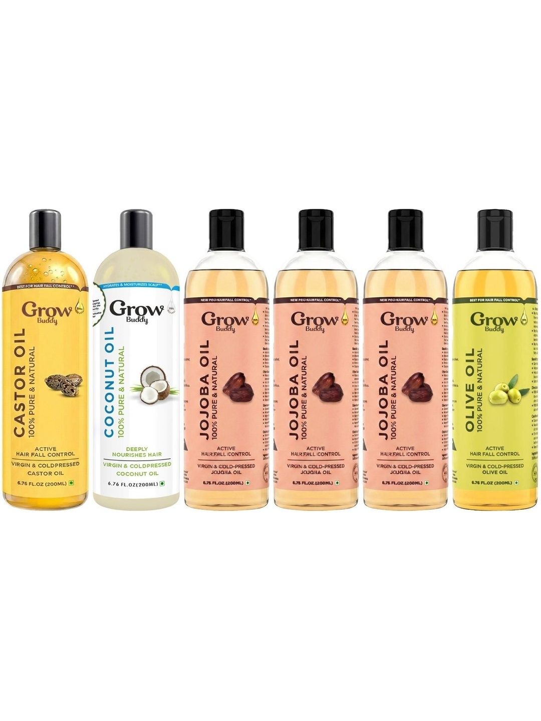 Growbuddy Set Of 6 Jojoba Oil Coconut Oil Castor Oil & Olive Oil - 200 ml Each-image-47