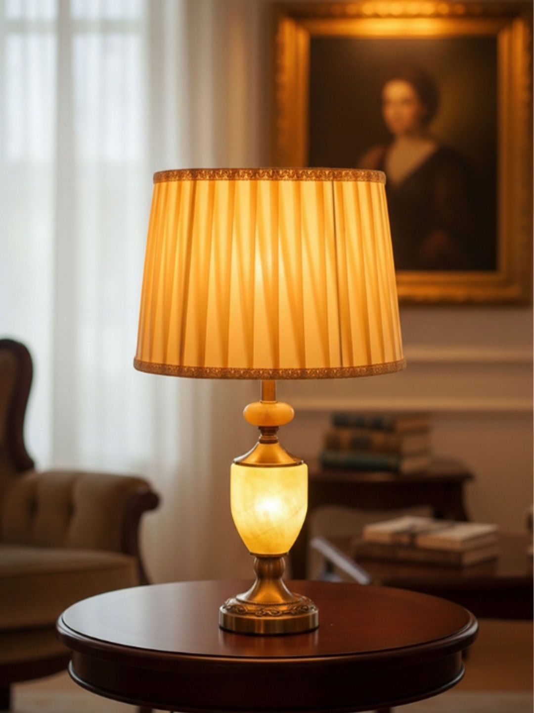 ELARE Beige Textured Metal Traditional Frusturical Shaped Table Lamp with Bulb-image-35