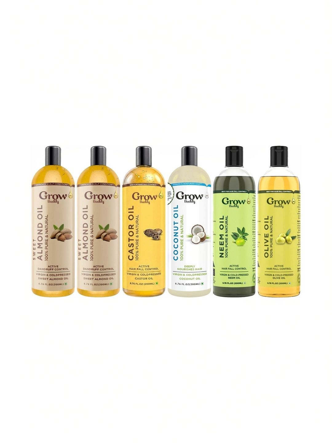 Growbuddy Set Of 6 Castor Oil Coconut Oil, Neem Oil, Almond Oil & Olive Oil - 200 ml Each-image-40