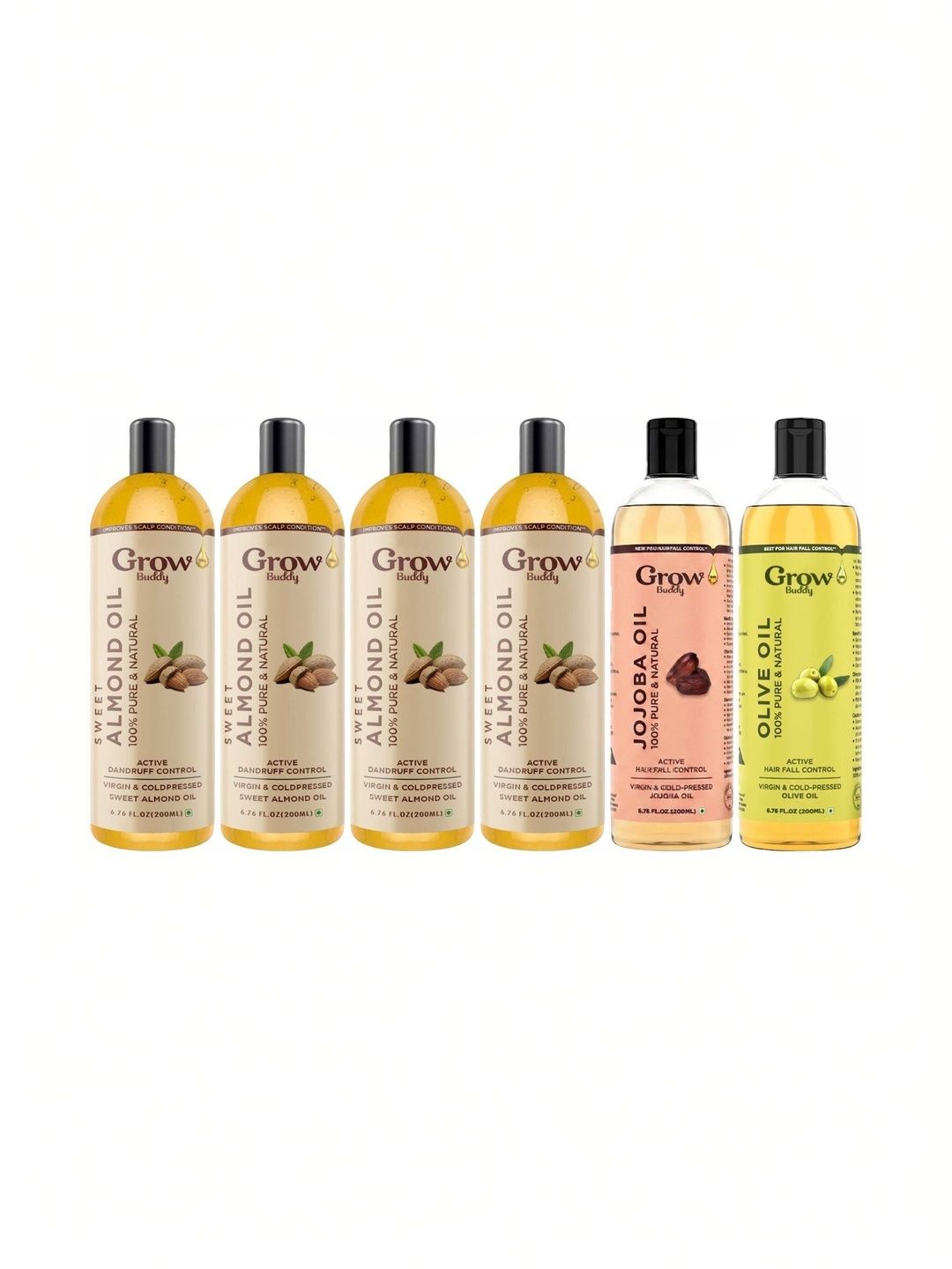 Growbuddy Set Of 6 Virgin & Cold Pressed Almond, Jojoba & Olive Oil - 200 ml Each-image-23