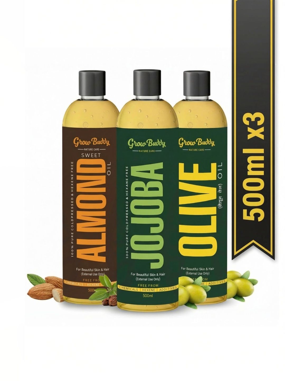 Growbuddy Set Of 3 Sweet Almond Jojoba & Olive Oil - 500 ml Each-image-23
