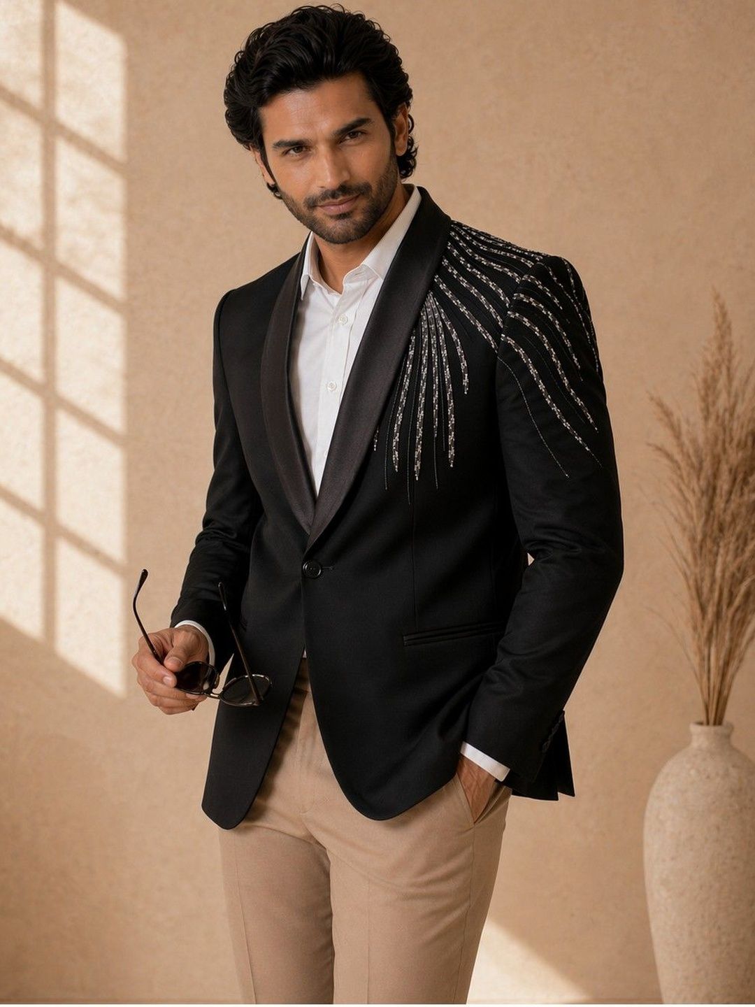 SOURAGYA Printed Notched Lapel Tuxedo Tailored Fit Party Blazers-picture-12