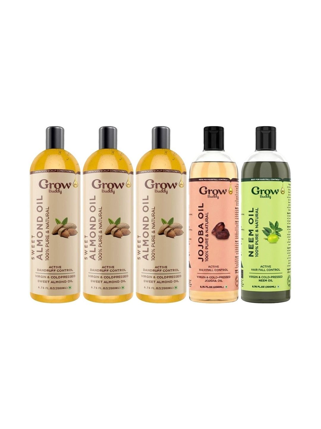 Growbuddy Set Of 5 Virgin & Cold Pressed Almond, Jojoba & Neem Oil - 200 ml Each-image-24
