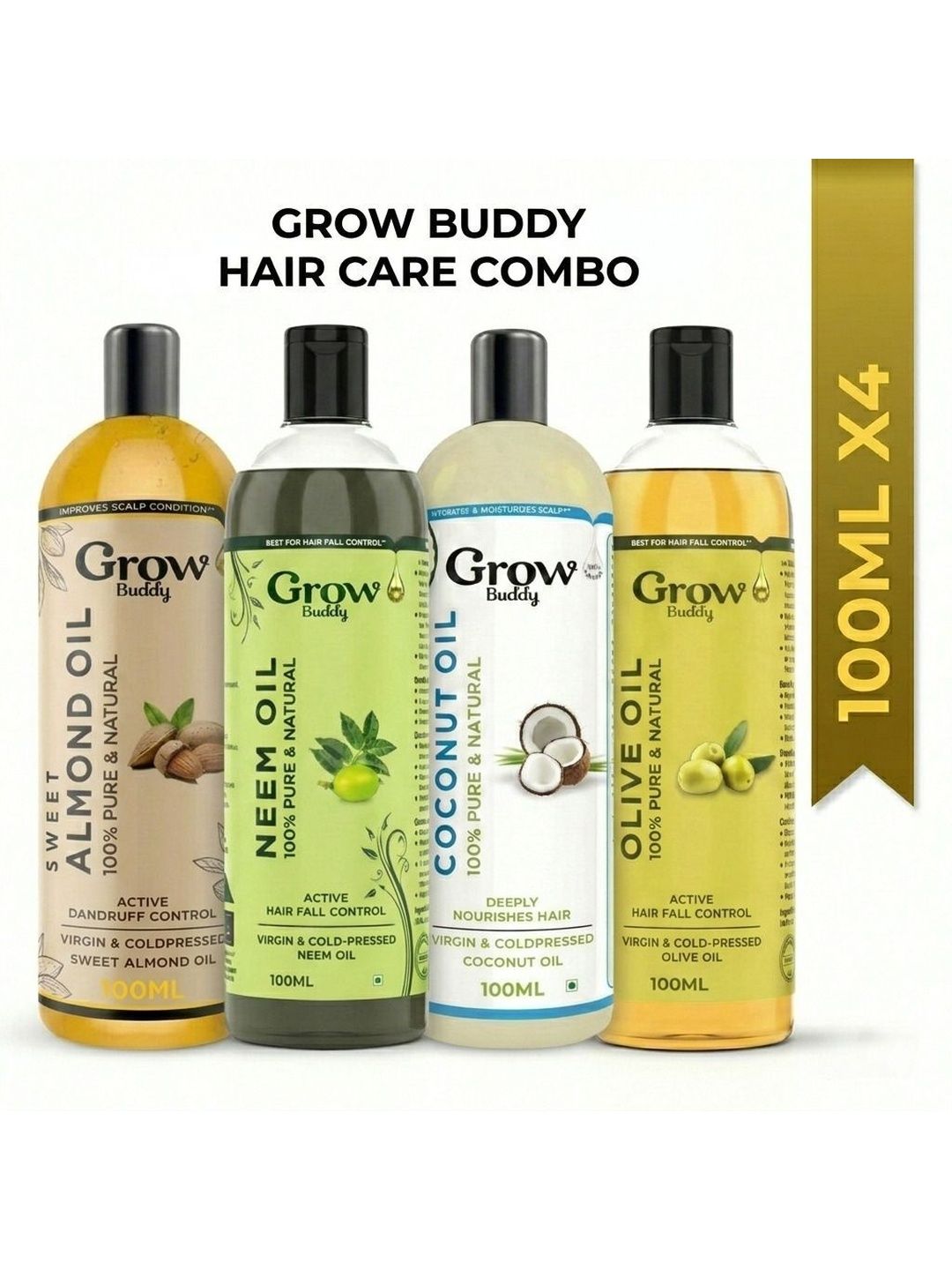 Growbuddy Pack Of 4 Coconut, Almond, Neem, Olive Hair Oil - 100ml Each-image-9