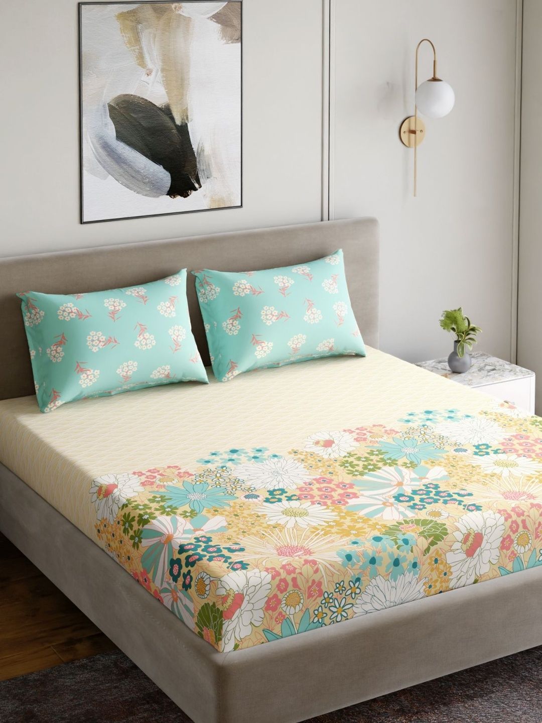 Home Ecstasy Sea Green Floral Printed Pure Cotton 140 TC Double Bedsheet 86" x 94"-image-11