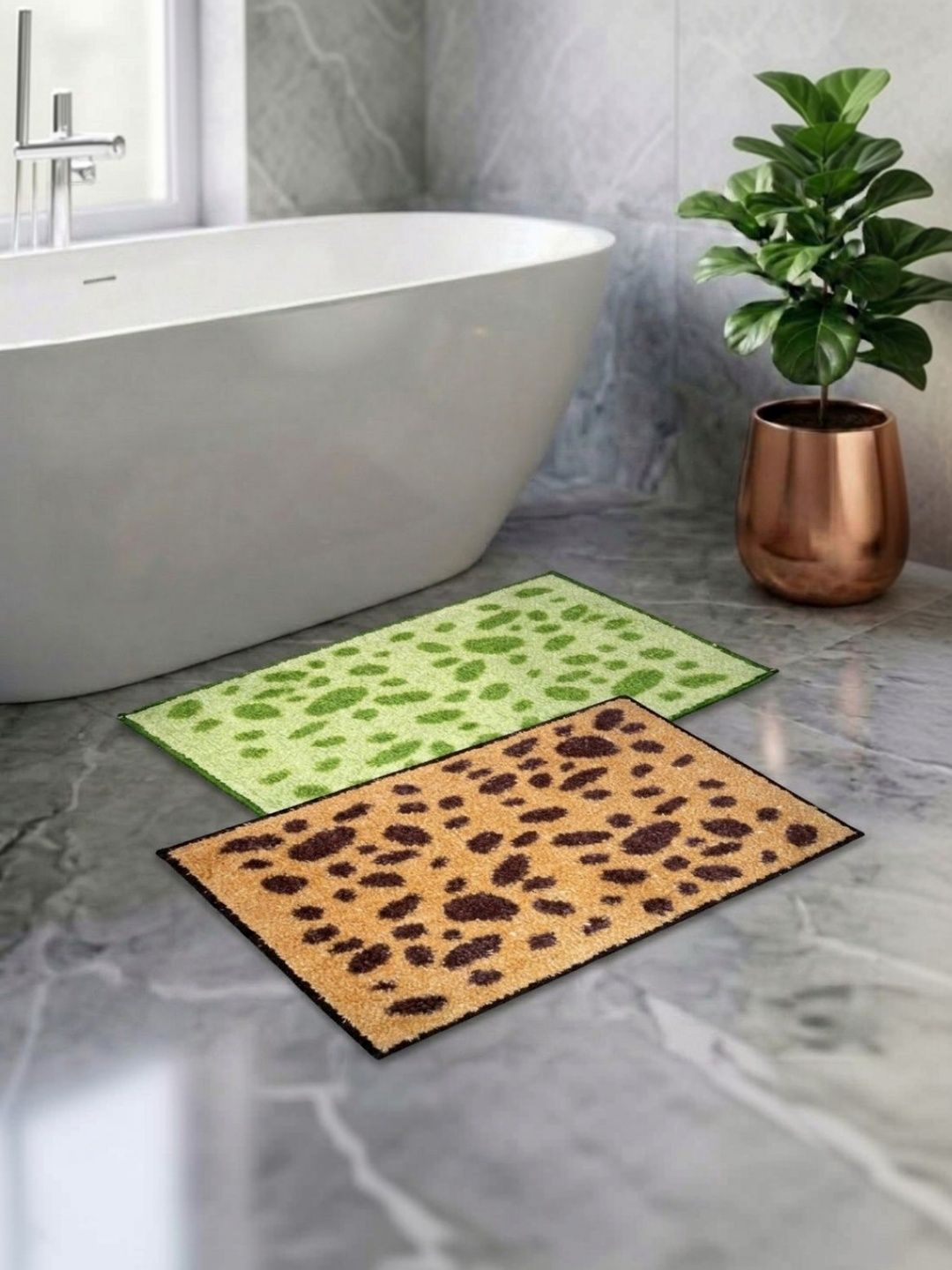 Athom Living Pack Of 2 Green & Brown Printed Anti Slip Bath Mat-picture-22