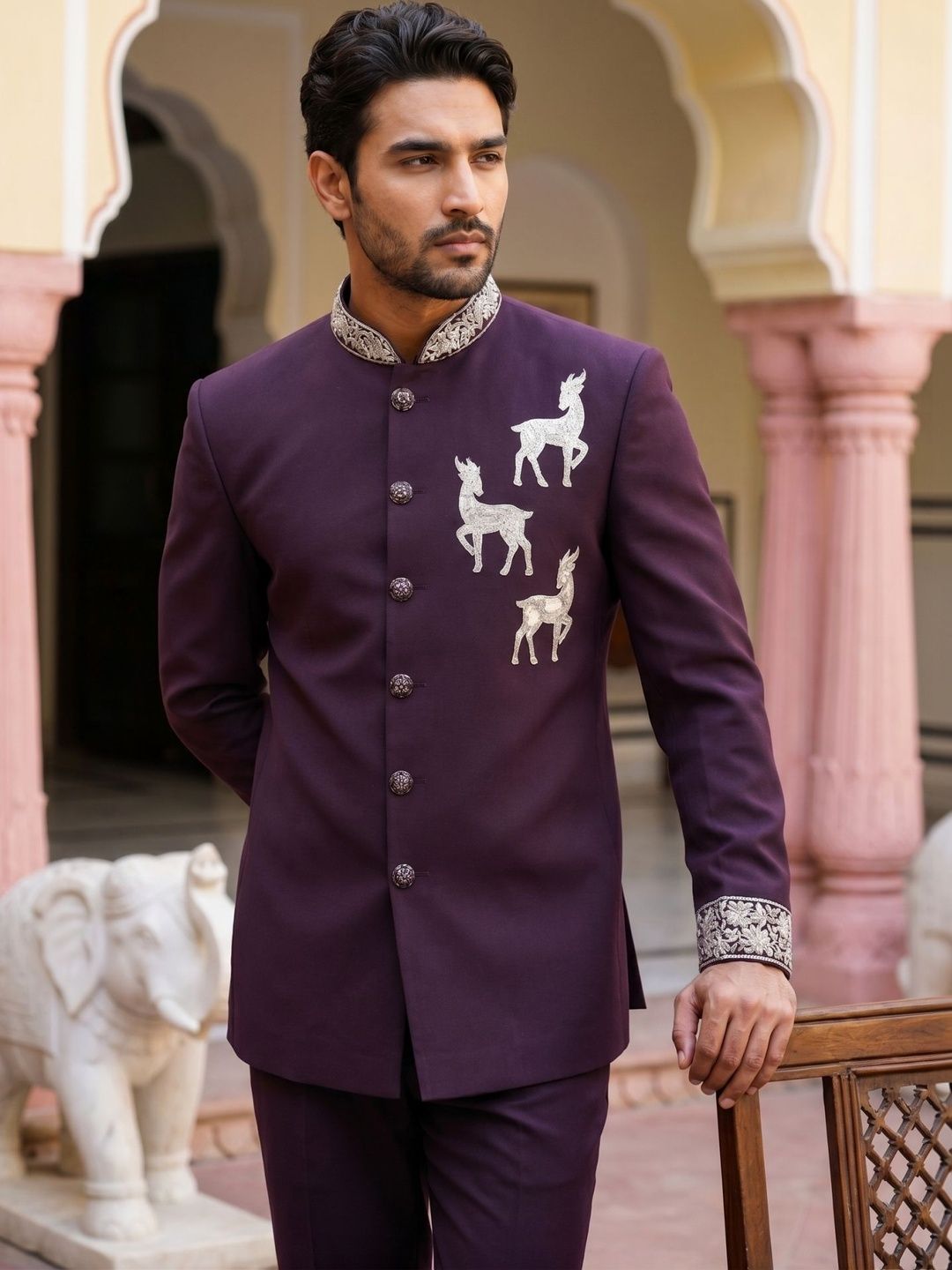 Jompers Deer Embroidered Mandarin Collar Sherwani Set-picture-28