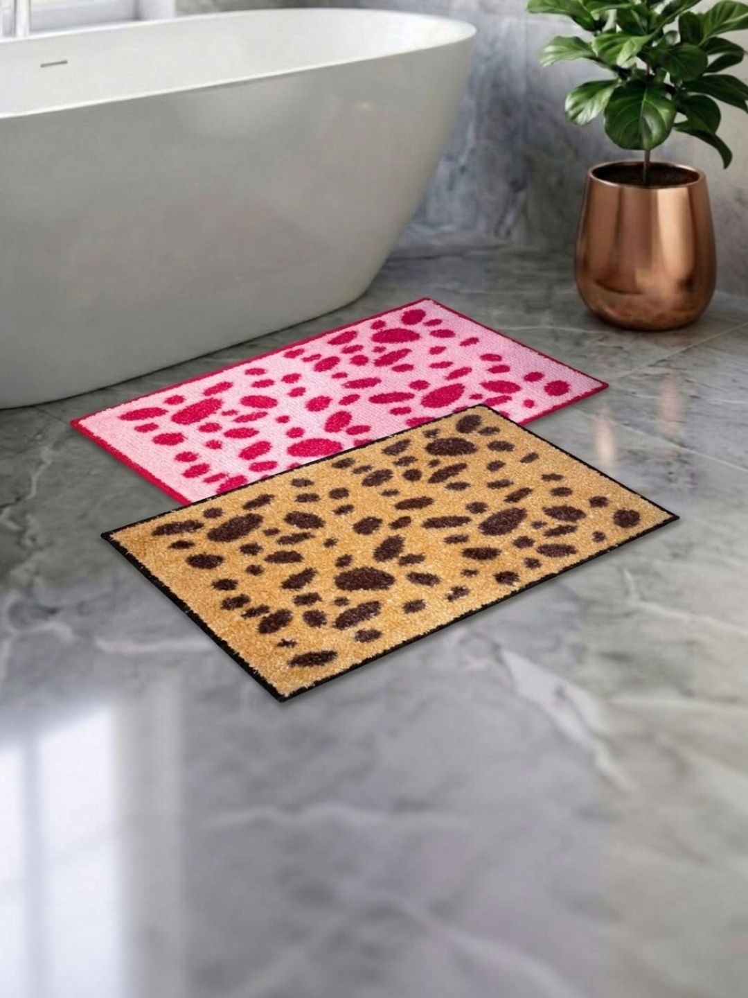 Athom Living Set 2 Pink & Beige Printed Anti Slip Bath Rugs-picture-25