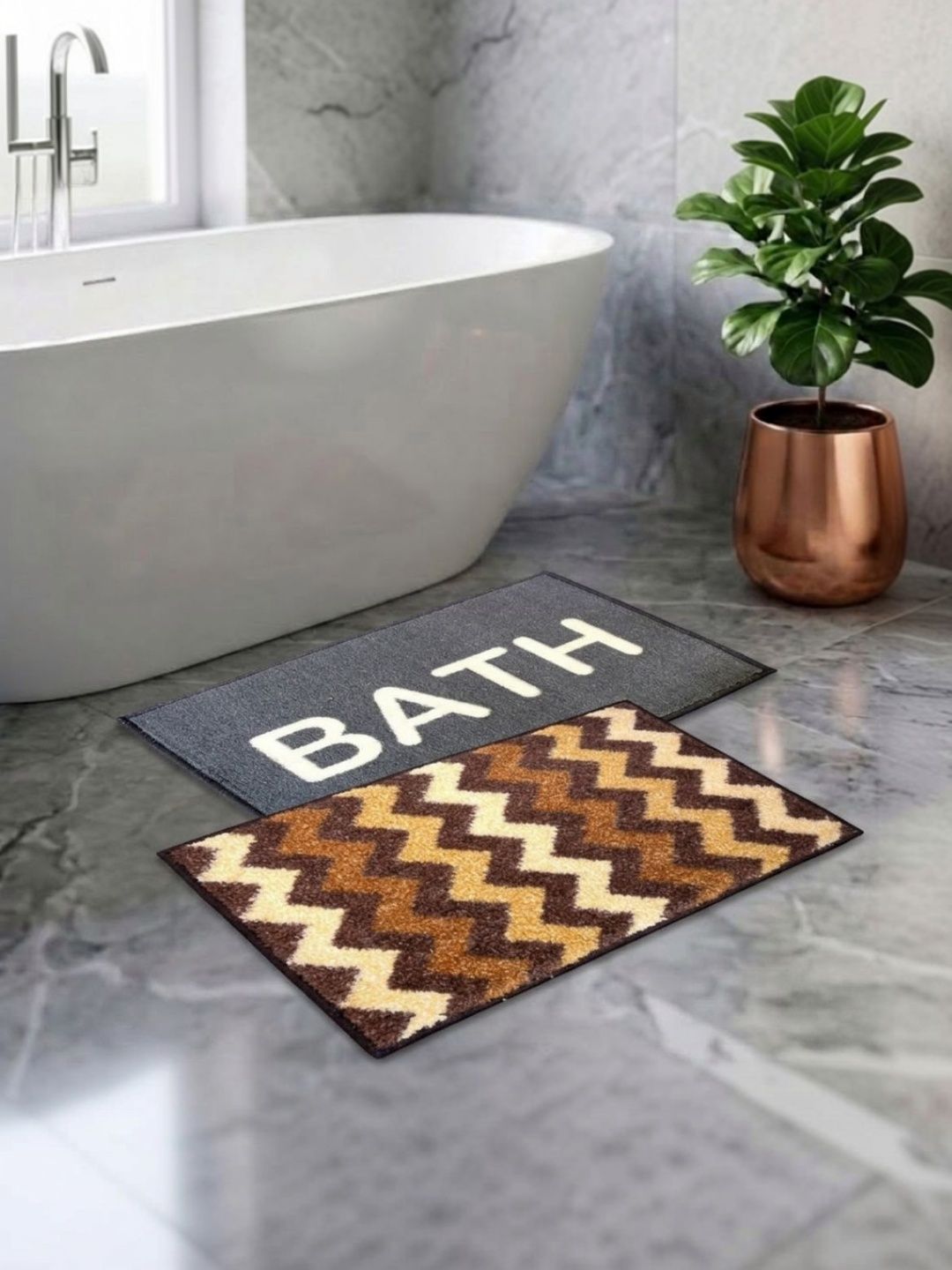 Athom Living Set 2 Grey & Beige Printed Anti Slip Bath Rugs-image-9