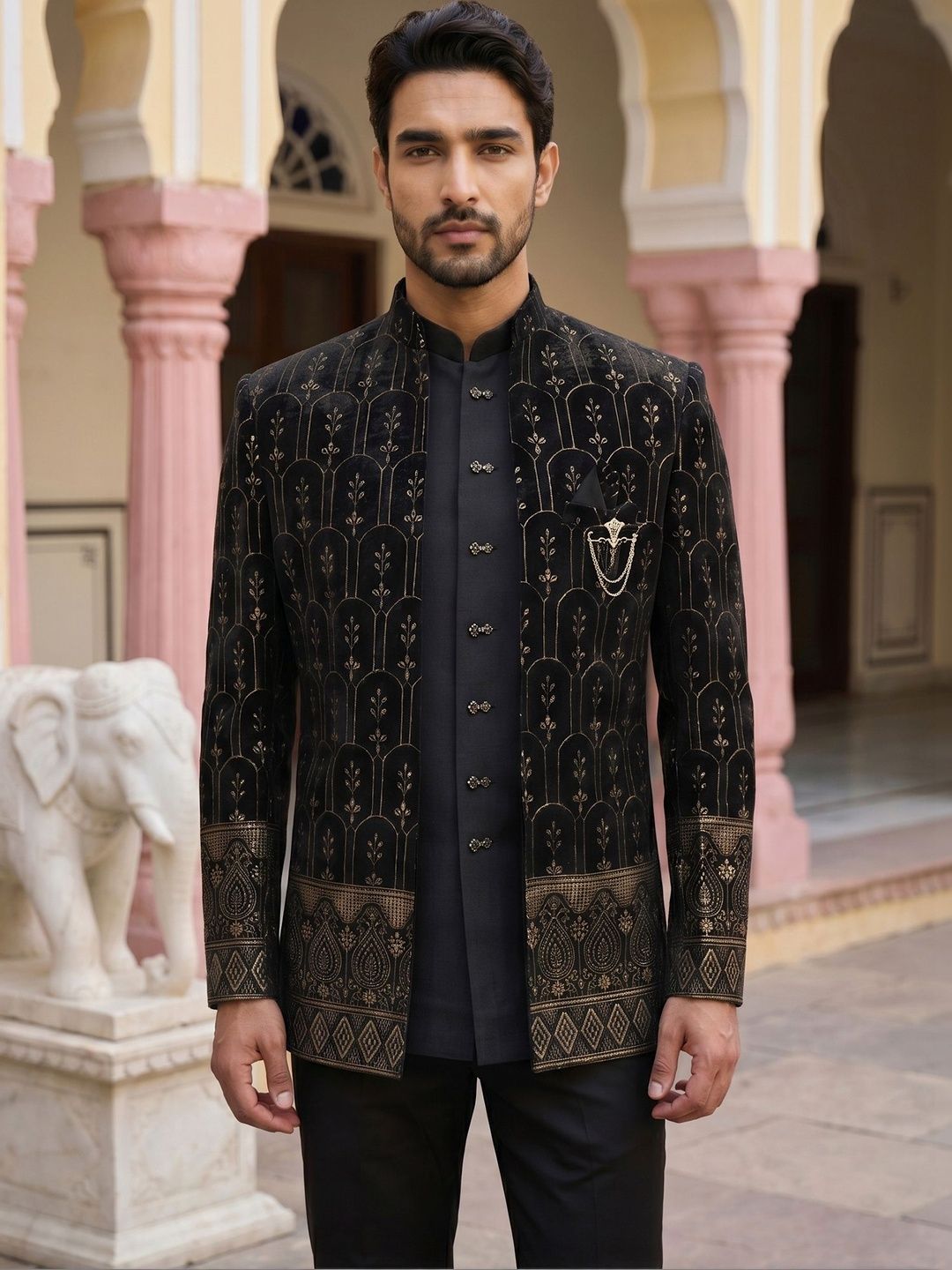 Jompers Embroidered Mandarin Collar Sherwani Set-picture-15