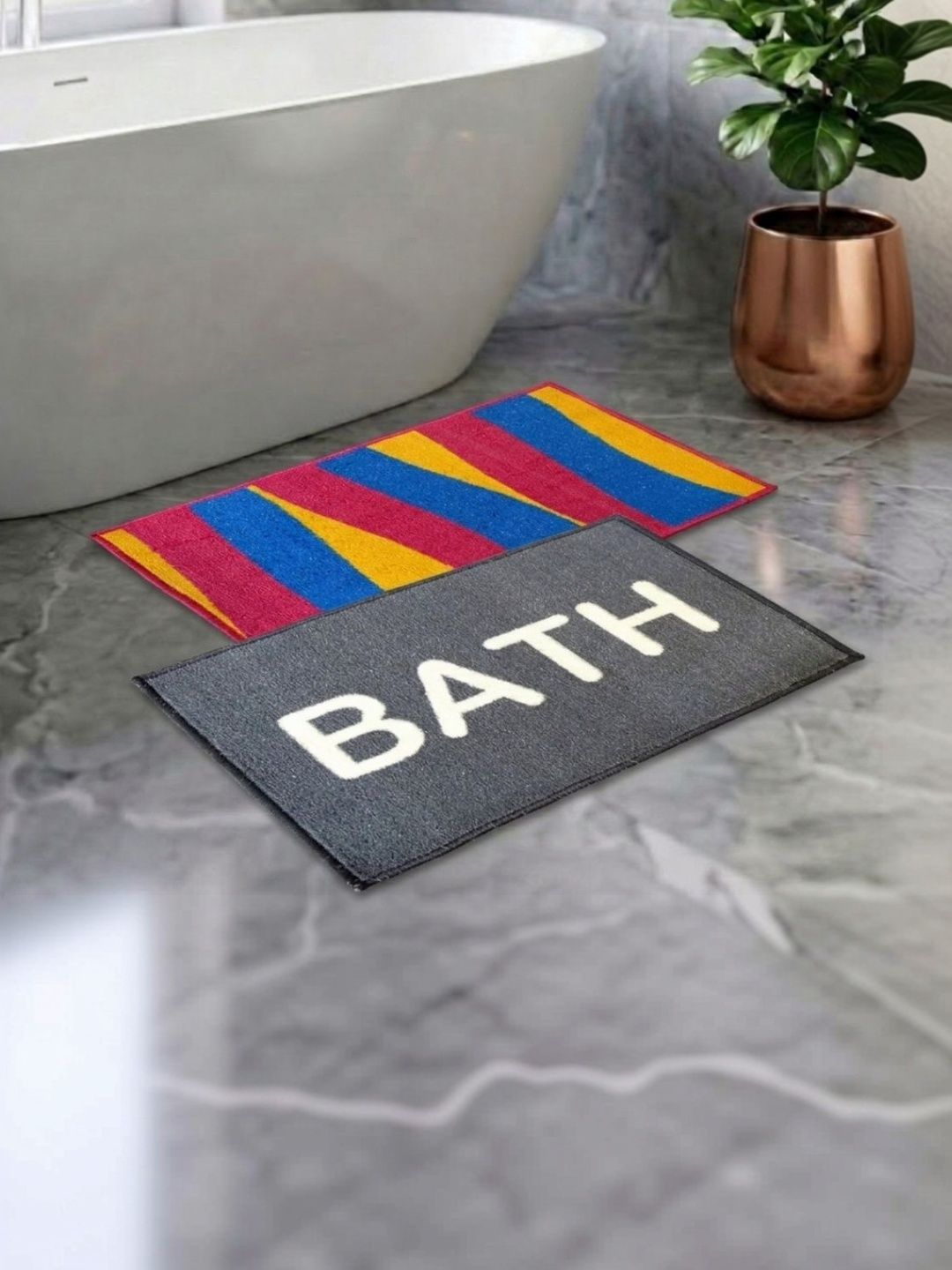 Athom Living Set 2 Red & Grey Printed Anti Slip Bath Rugs-picture-41
