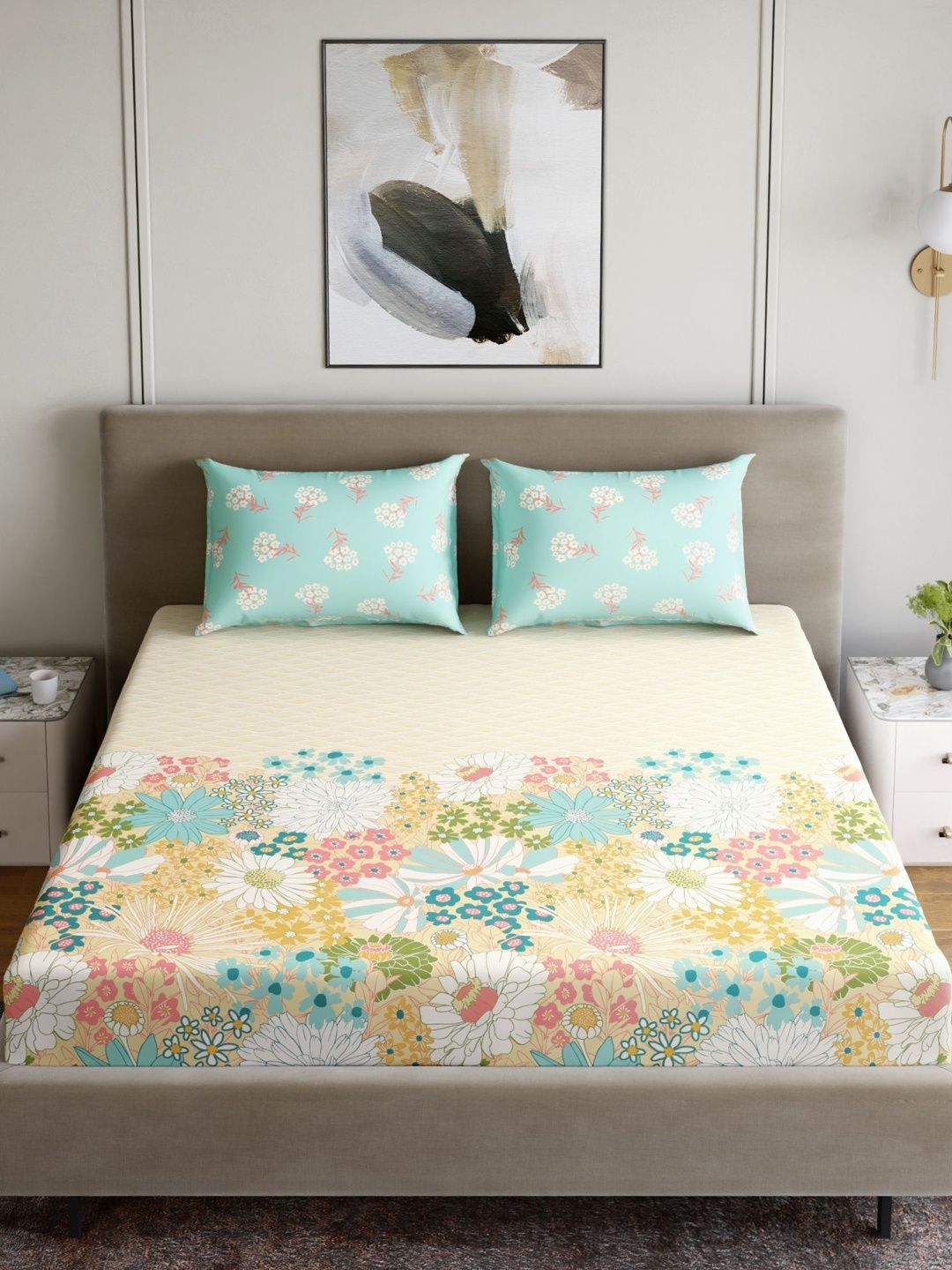 Home Ecstasy Sea Green & White Floral 140 TC King Bedsheet with 2 Pillow Covers-picture-57