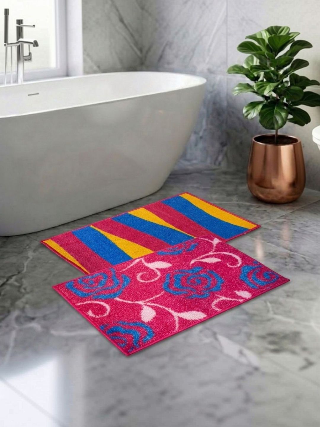 Athom Living Pack Of 2 Pink & Blue Printed Anti Slip Bath Mat-picture-28