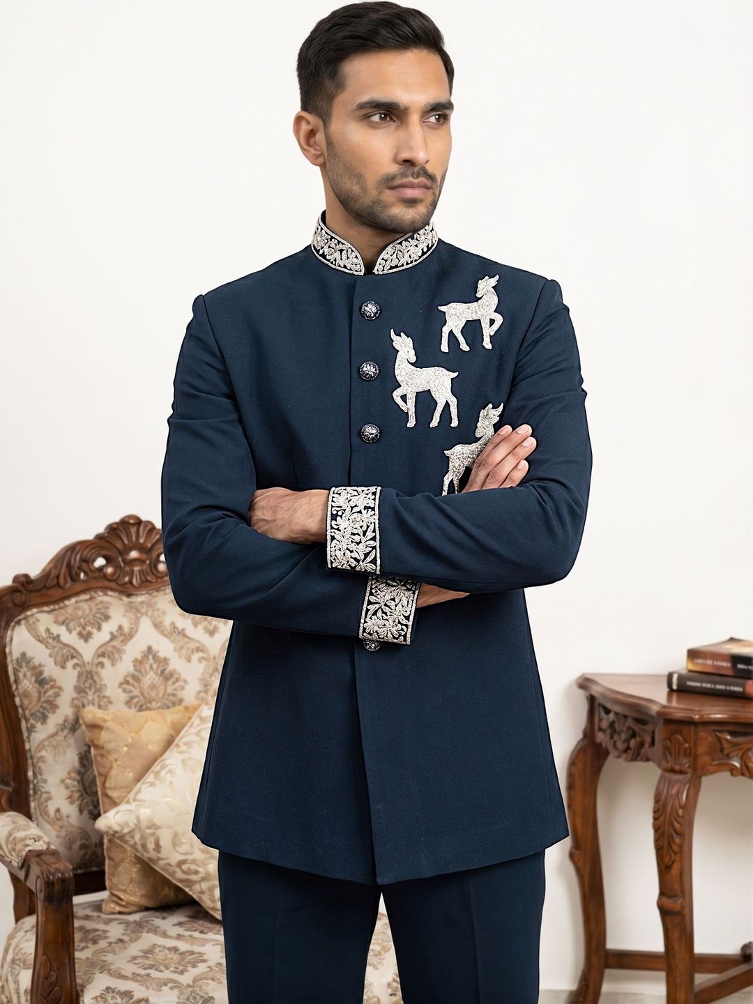 Jompers Deer Embroidered Mandarin Collar Sherwani Set-picture-29