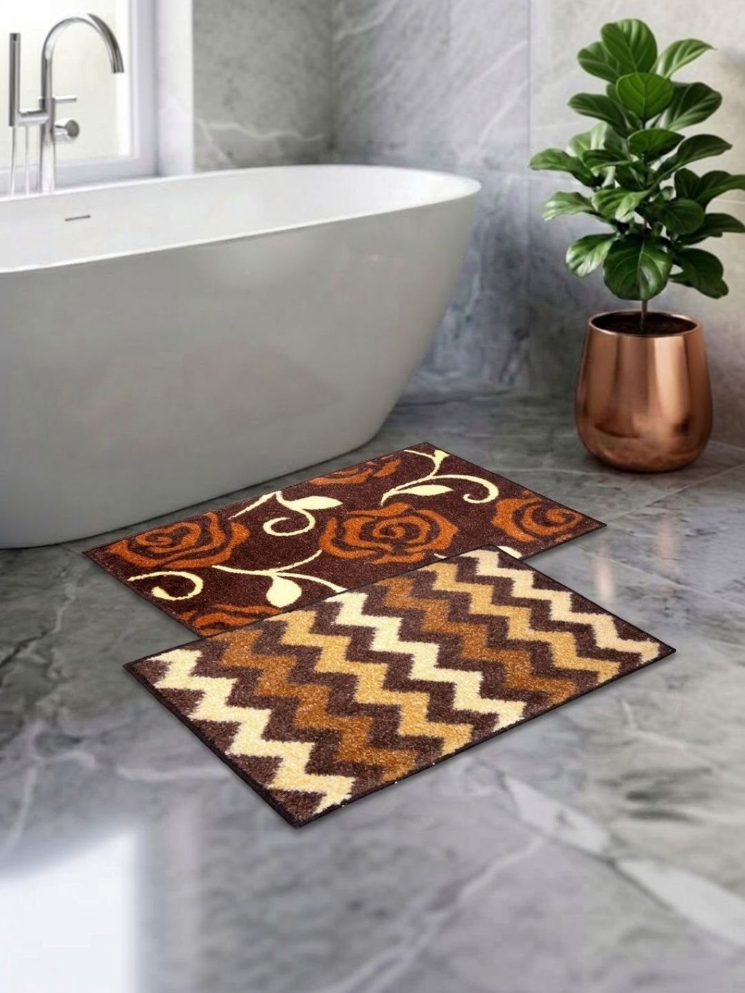 Athom Living Pack Of 2 Brown & Beige Printed Anti Slip Bath Mat-picture-24