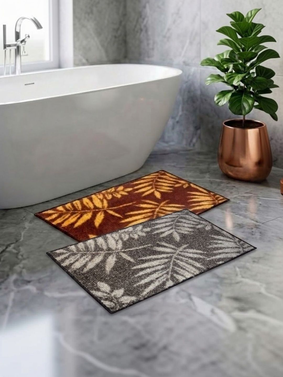 Athom Living Pack Of 2 Grey & Brown Printed Anti Slip Bath Mat-picture-29