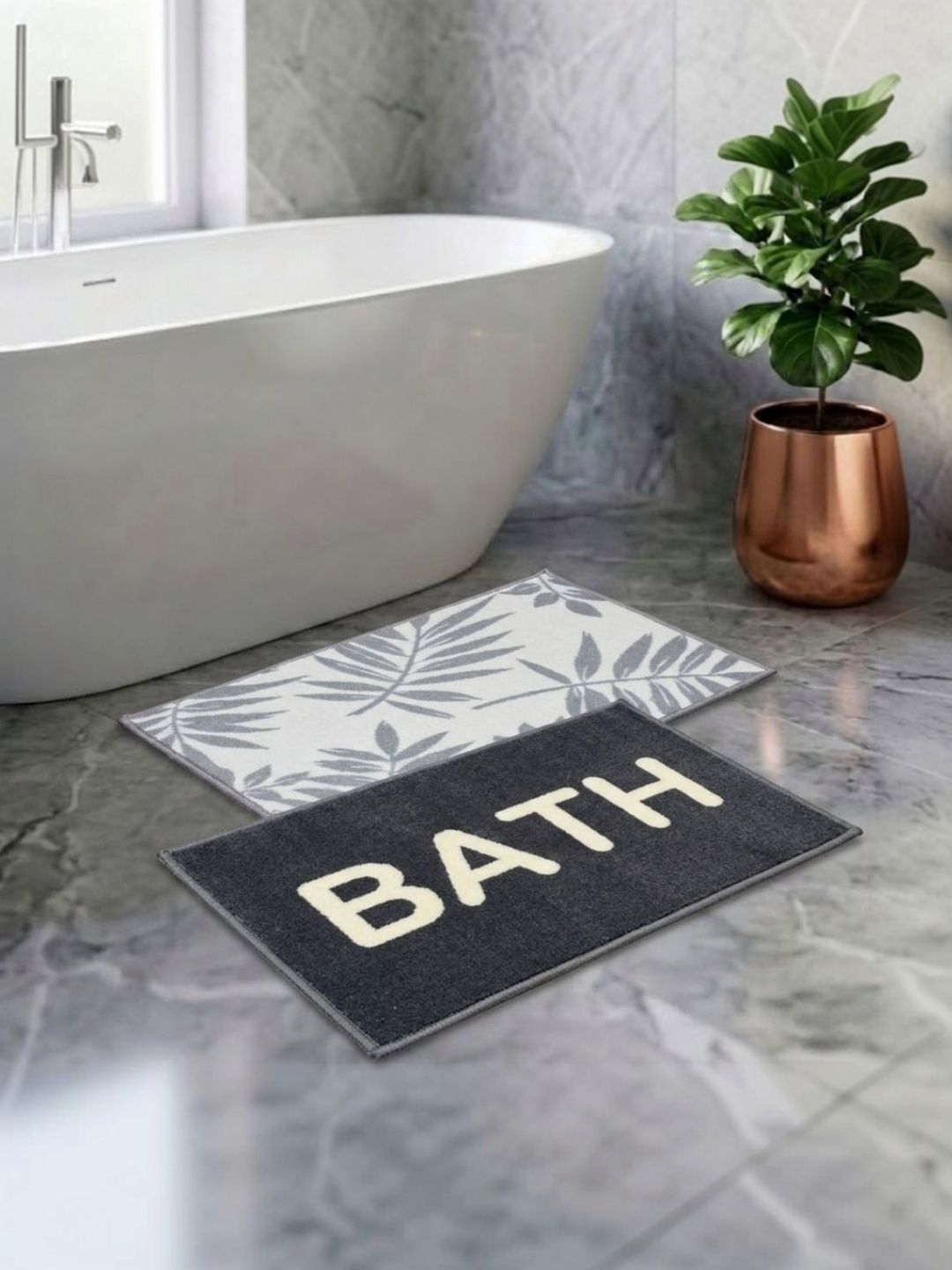 Athom Living Pack Of 2 Grey & White Printed Anti Slip Bath Mat-picture-25