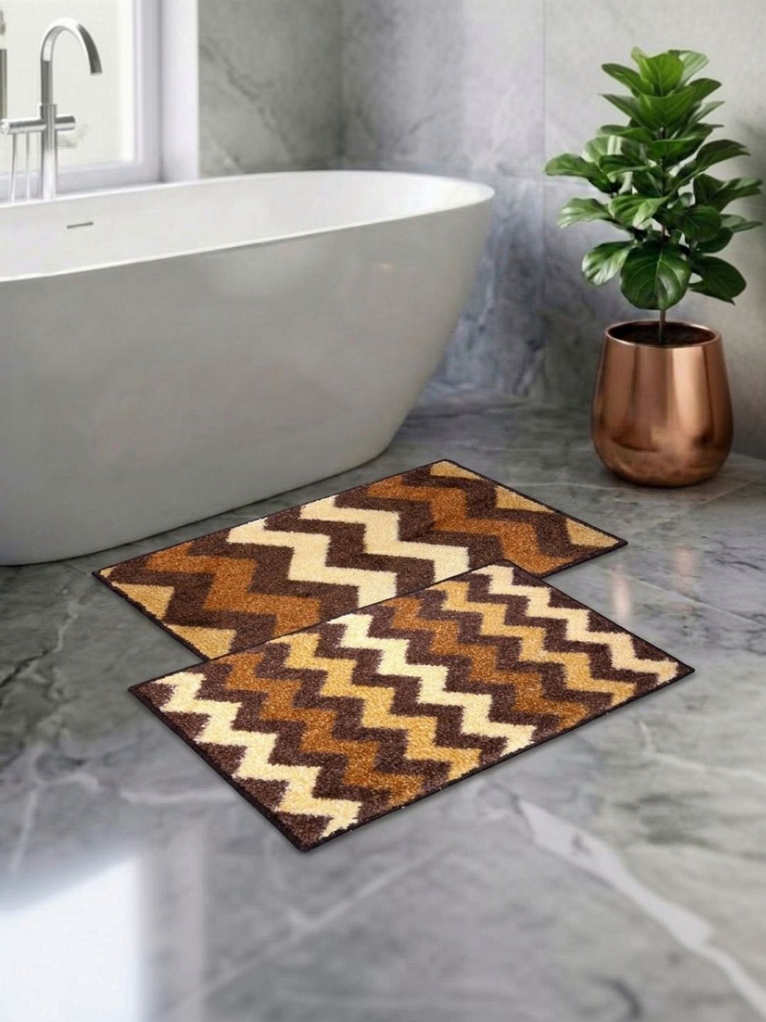 Athom Living Pack Of 2 Beige & Brown Printed Anti Slip Bath Mat-picture-26