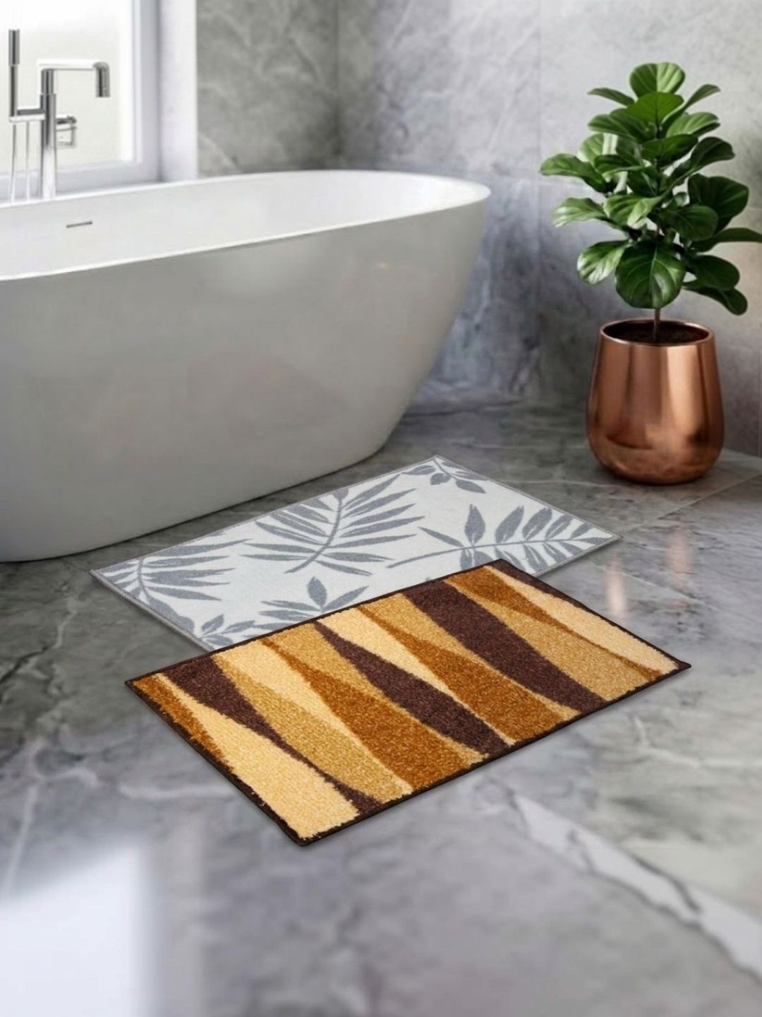 Athom Living Pack Of 2 Grey & Brown Printed Anti Slip Bath Mat-picture-18
