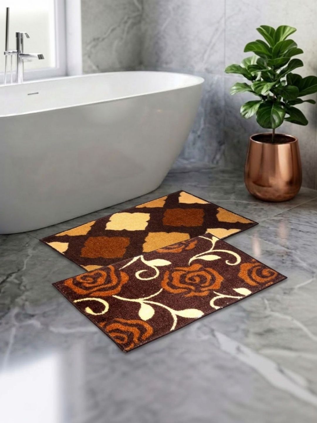 Athom Living Pack Of 2 Brown & Beige Printed Anti Slip Bath Mat-picture-33