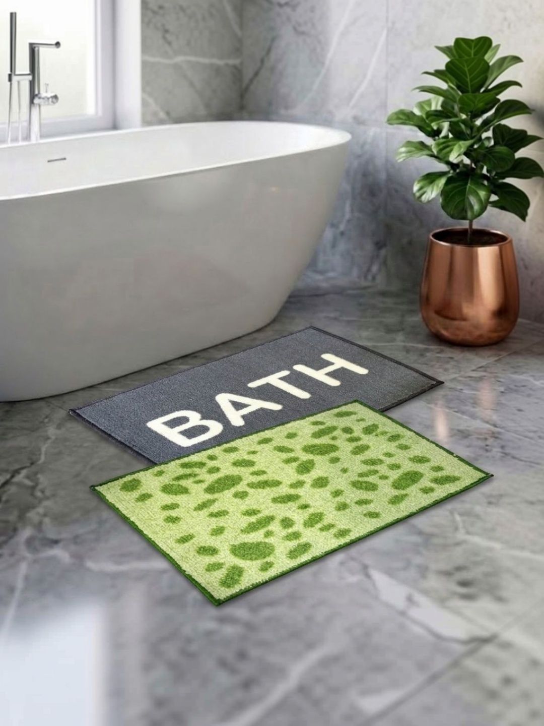 Athom Living Set 2 Grey & Green Printed Anti Slip Bath Rugs-picture-16