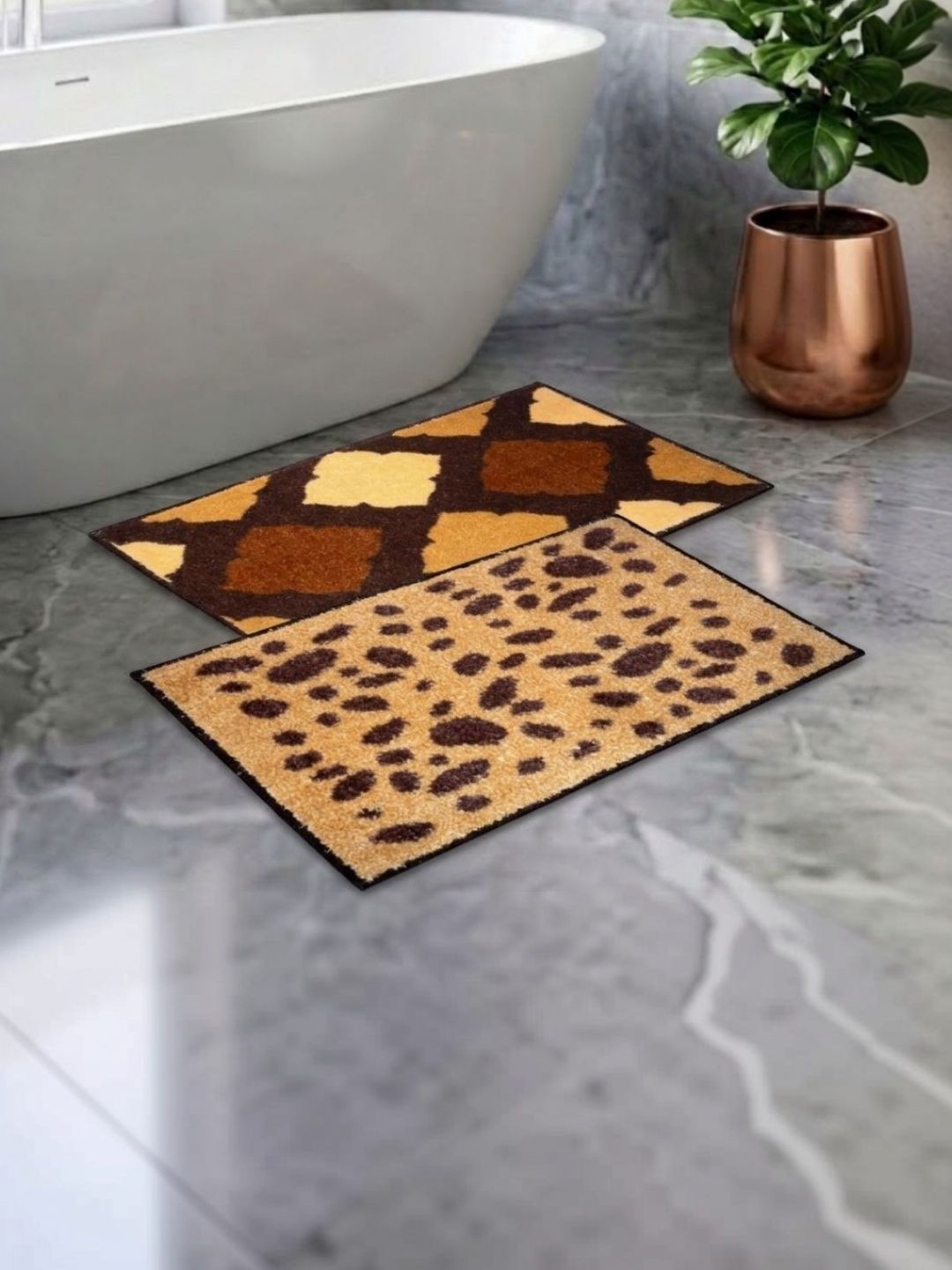 Athom Living Pack Of 2 Brown & Beige Printed Anti Slip Bath Mat-picture-23