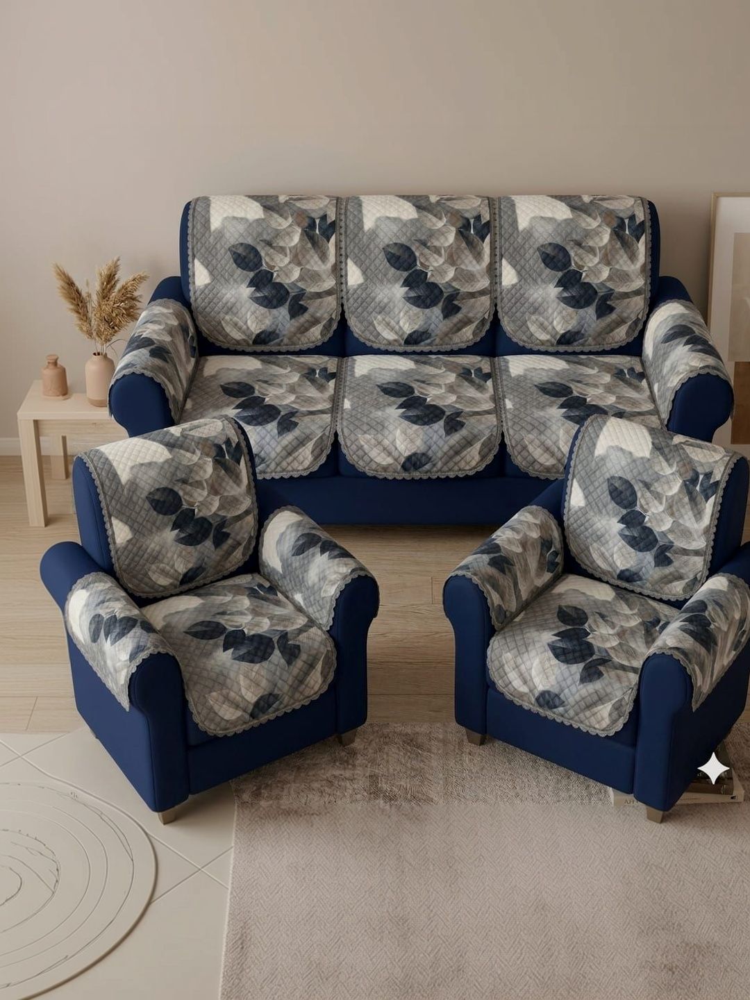 RAINBOW FURNISHINGS Grey Printed Sofa Cover With Arms-image-9