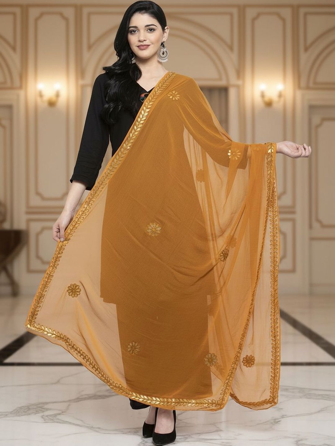 KALINI Embroidered Foil Print Dupatta with Thread Work-picture-11