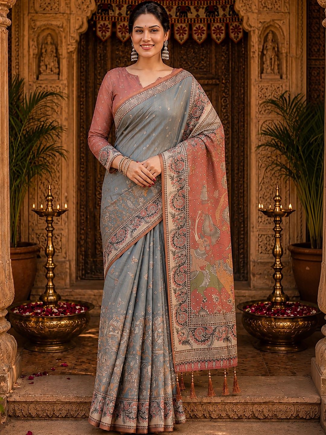 KALINI Ethnic Motifs Linen Blend Handloom Block Print Saree-picture-38