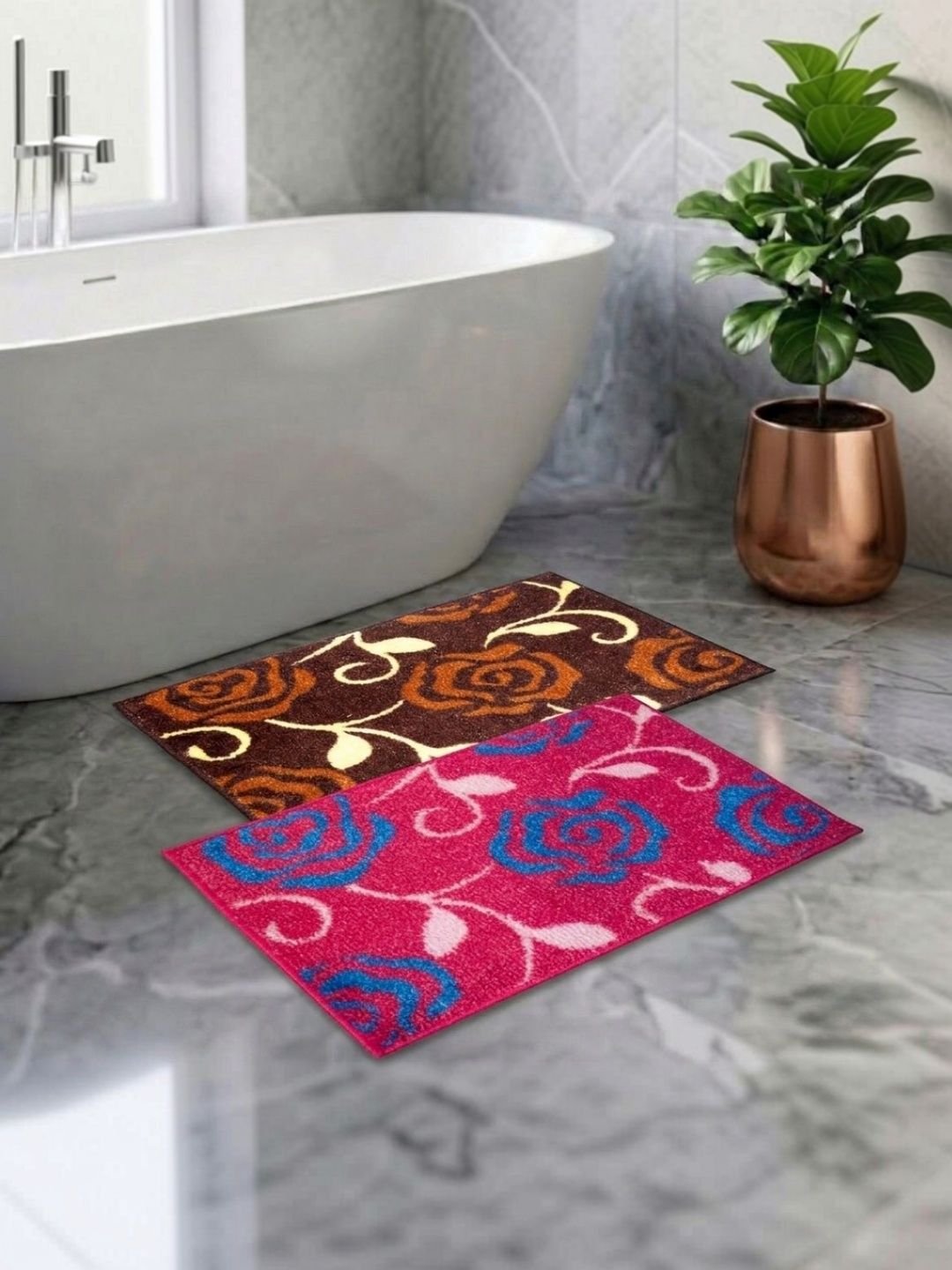 Athom Living Pack Of 2 Pink & Brown Printed Anti Slip Bath Mat-picture-17