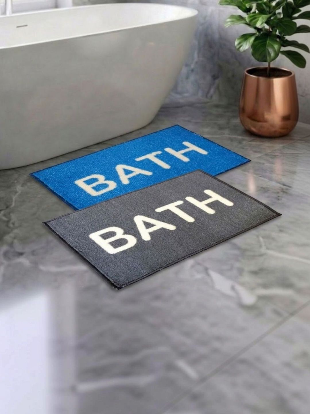 Athom Living Pack Of 2 Grey & Blue Printed Anti Slip Bath Mat-picture-20