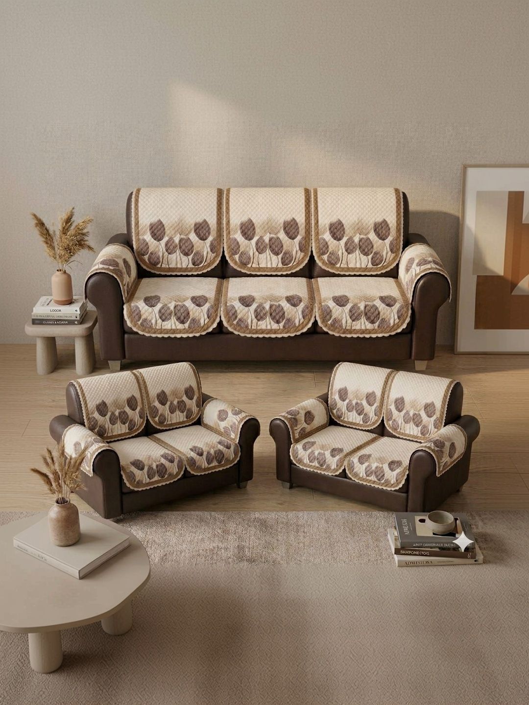 RAINBOW FURNISHINGS Beige Printed Sofa Cover With Arms-image-5