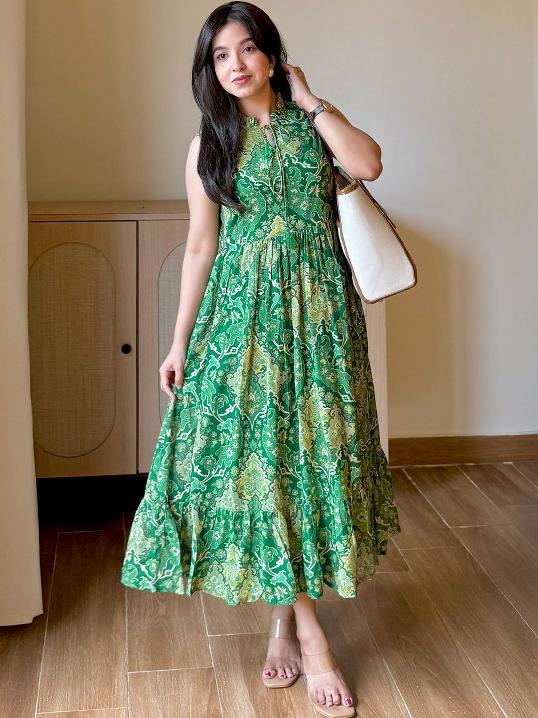 Janasya Women Green Georgette Floral Printed Fit & Flared Dress-picture-31