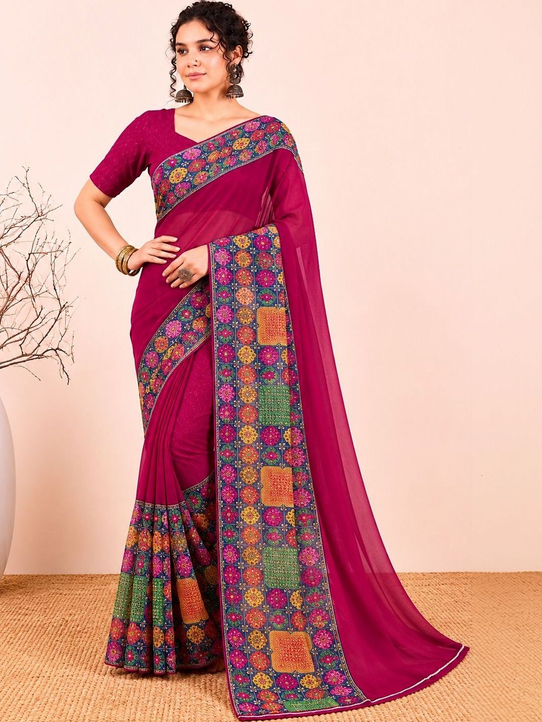 Varutex Ethnic Motifs Embroidered Poly Georgette Heavy Work Saree-picture-33