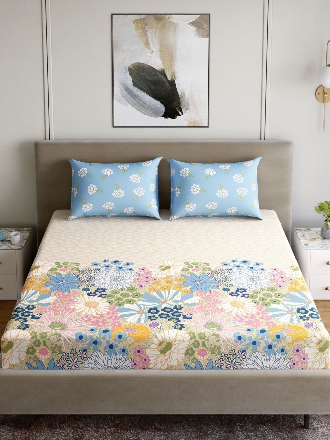 Home Ecstasy Blue & Pink Floral 140 TC King Bedsheet with 2 Pillow Covers-image-9