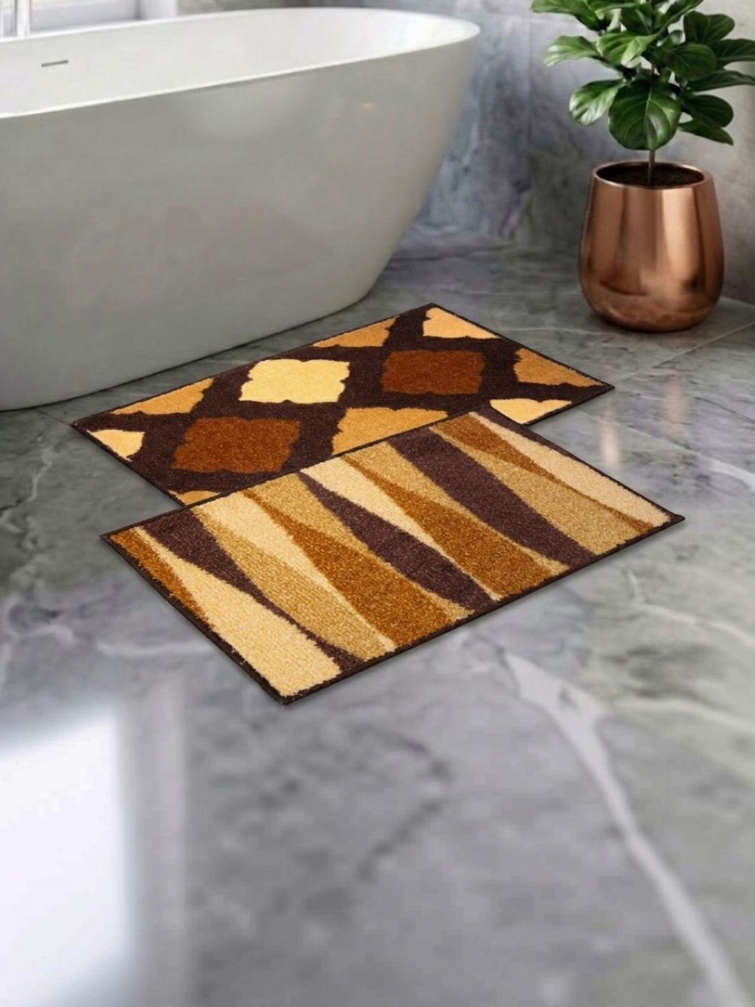 Athom Living Set 2 Pink & Beige Printed Anti Slip Bath Rugs-image-46