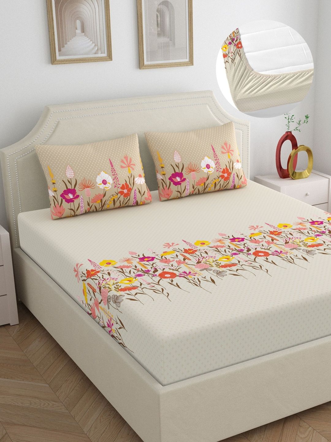 Home Ecstasy Beige & Pink Floral 140 TC Queen Bedsheet with 2 Pillow Covers-image-12