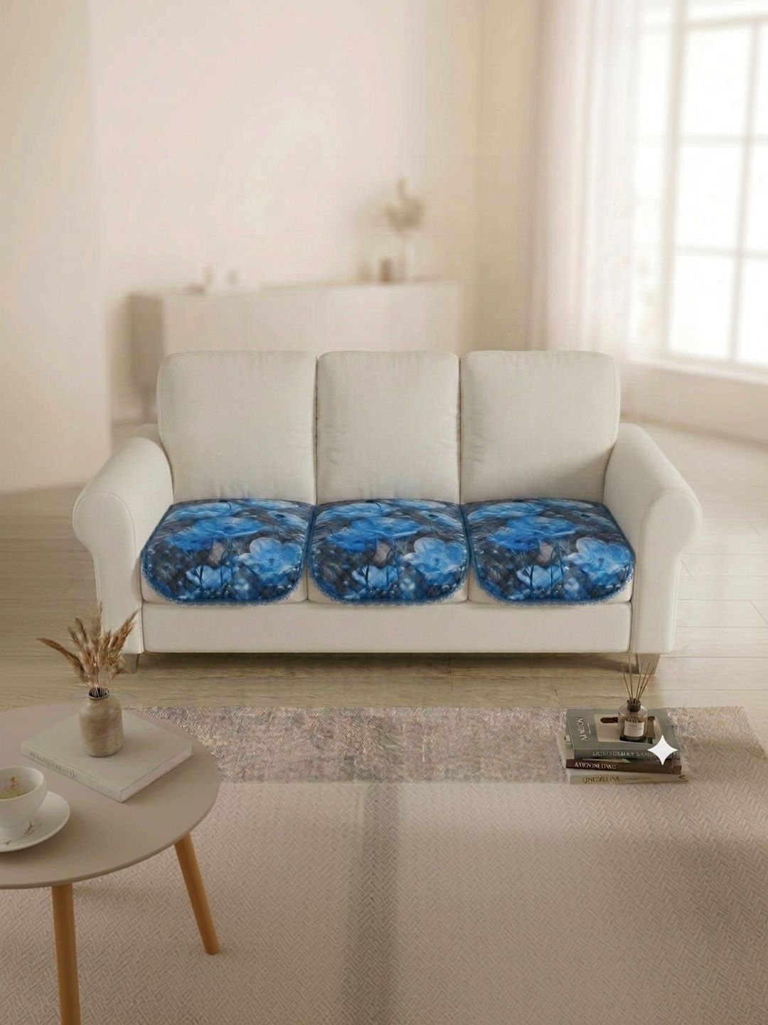 RAINBOW FURNISHINGS Blue Printed 3 Piece Sofa Cover Without Arms-picture-41