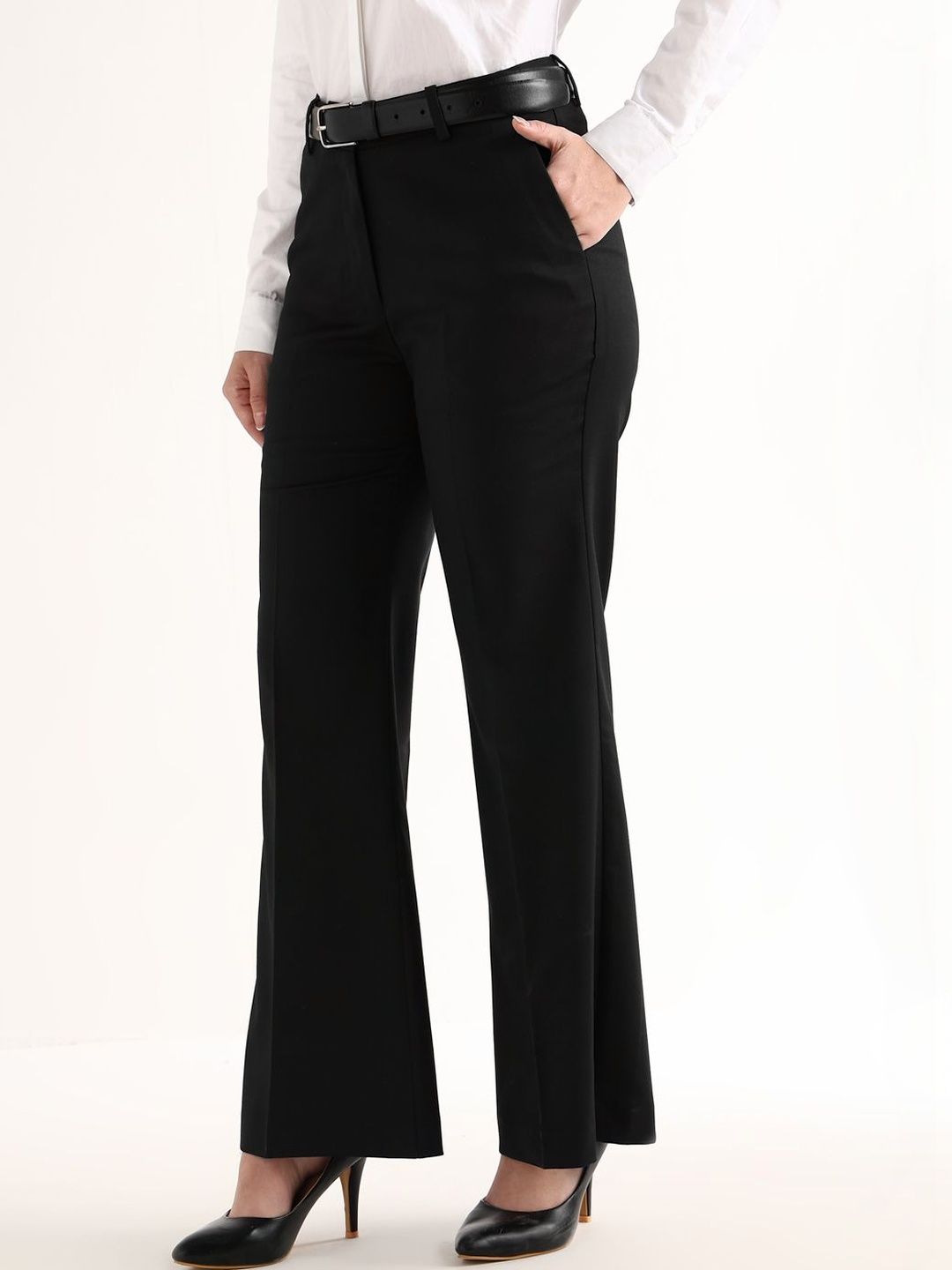 Hancock Women Solid Stretchable Wrinkle Ressistant Mid Rise Flared Trousers-image-8