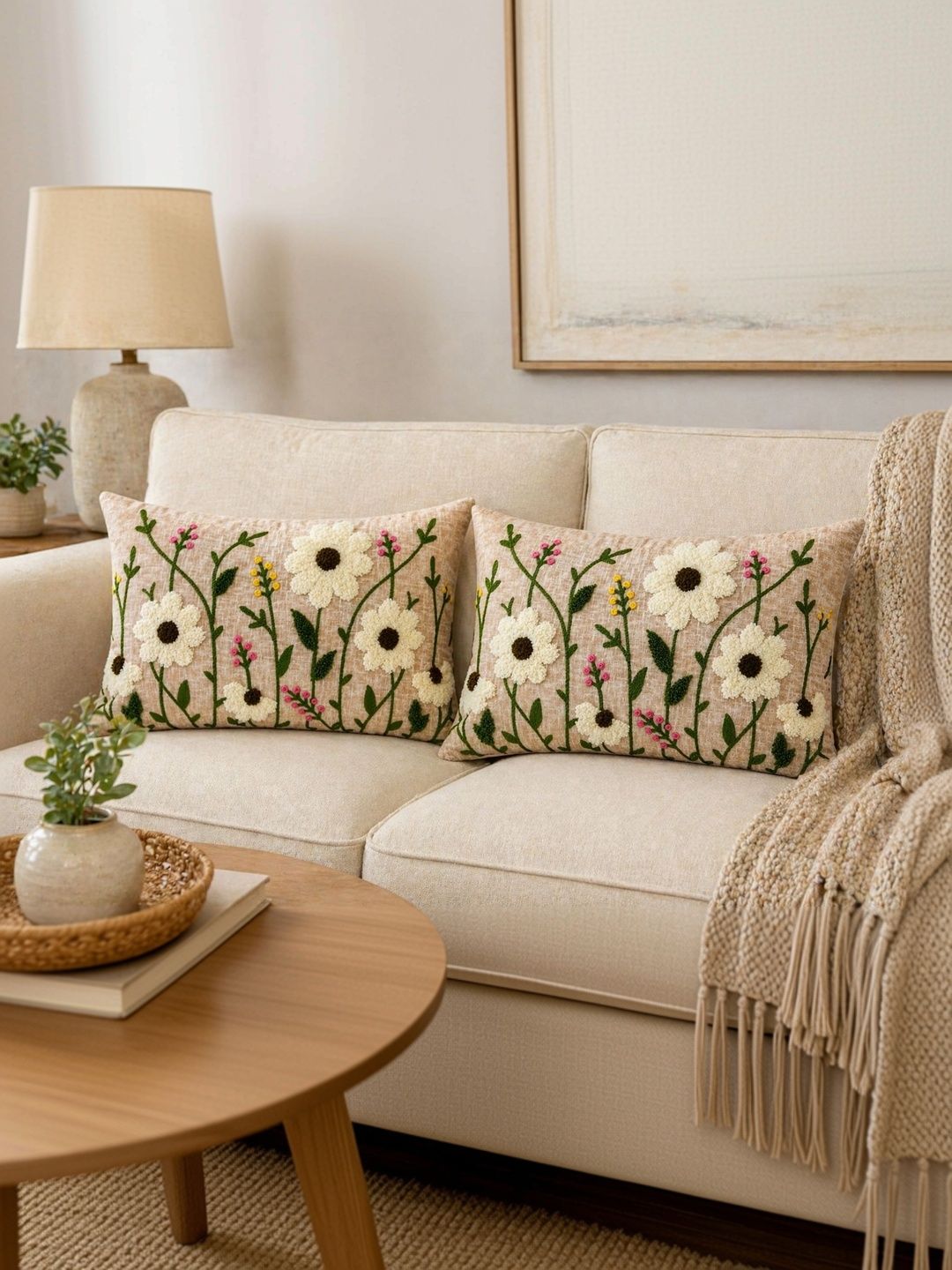 MONKDECOR Peach-Coloured Set of 2 Floral Linen Rectangle Cushion Covers-image-45