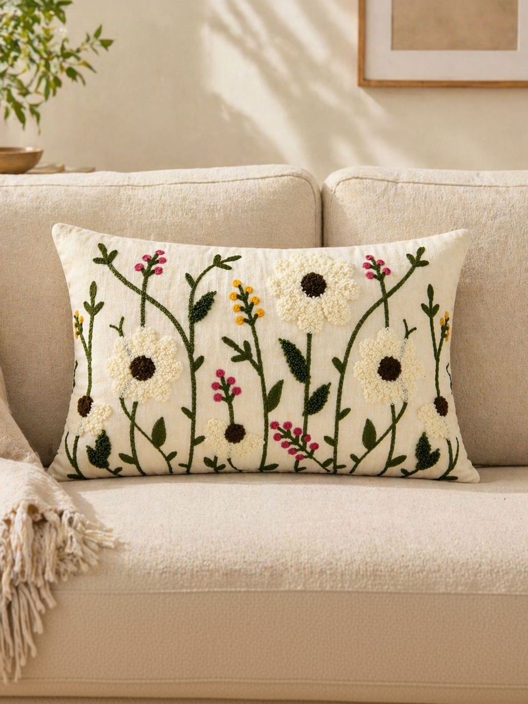 MONKDECOR Cream-Coloured Floral Linen Rectangle Cushion Covers-picture-56