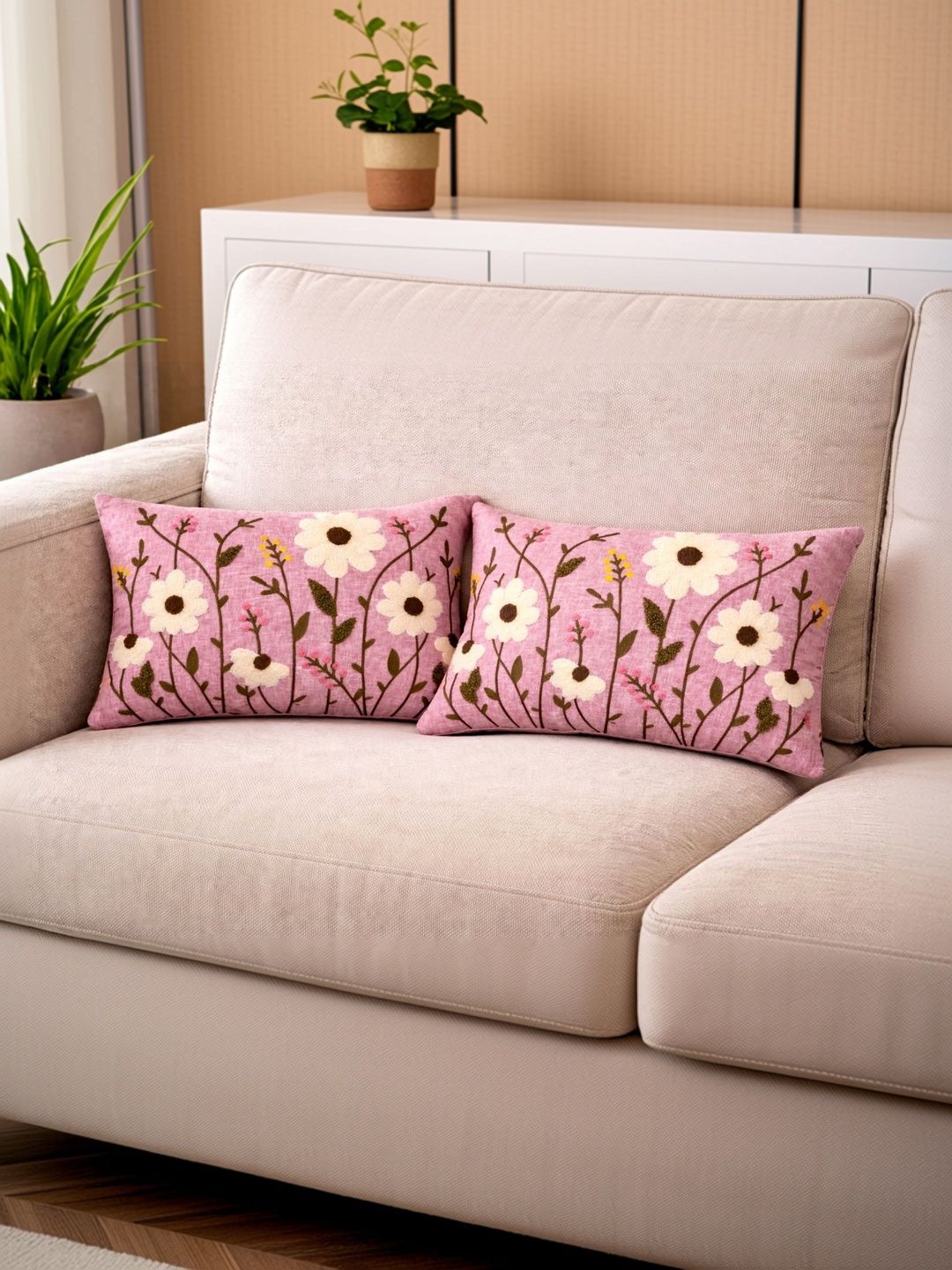 MONKDECOR Pink Set of 2 Floral Linen Rectangle Cushion Covers-image-14