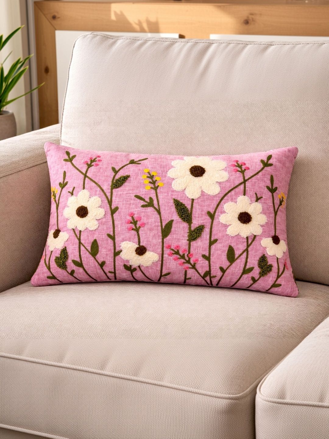 MONKDECOR Pink Floral Linen Rectangle Cushion Covers-image-6
