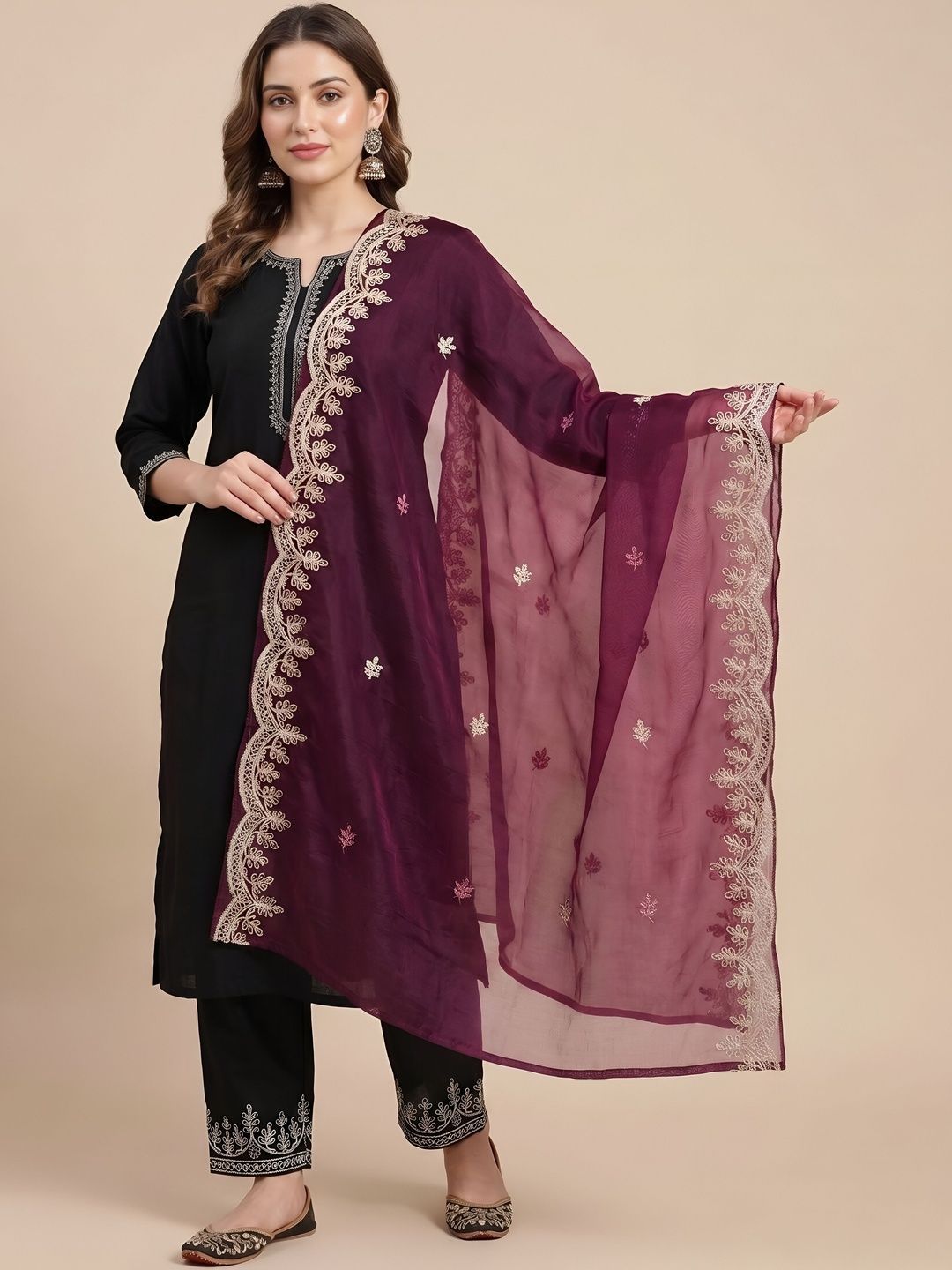 MUFFLY Ethnic Motifs Embroidered Organza Dupatta with Thread Work-picture-18